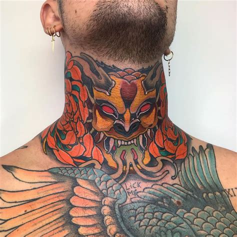 trad neck tattoo|japanese traditional neck tattoo.